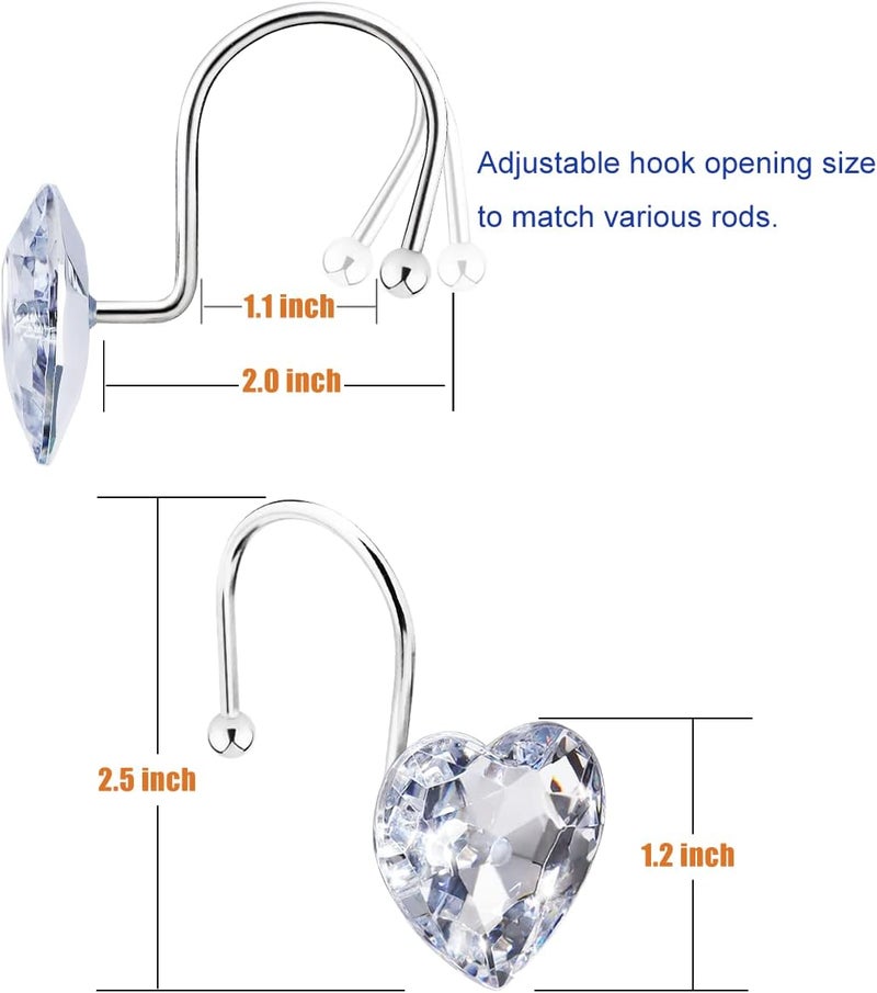 Yapicoco Shower Curtain Hooks Rings for Bathroom, 12PCS Heart Stainless Steel Rust Resistant Decorative Rhinestones Shower Curtain Rings Hangers for Shower Curtains (Single Hook Clear) - Image 3